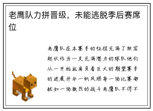 老鹰队力拼晋级，未能逃脱季后赛席位